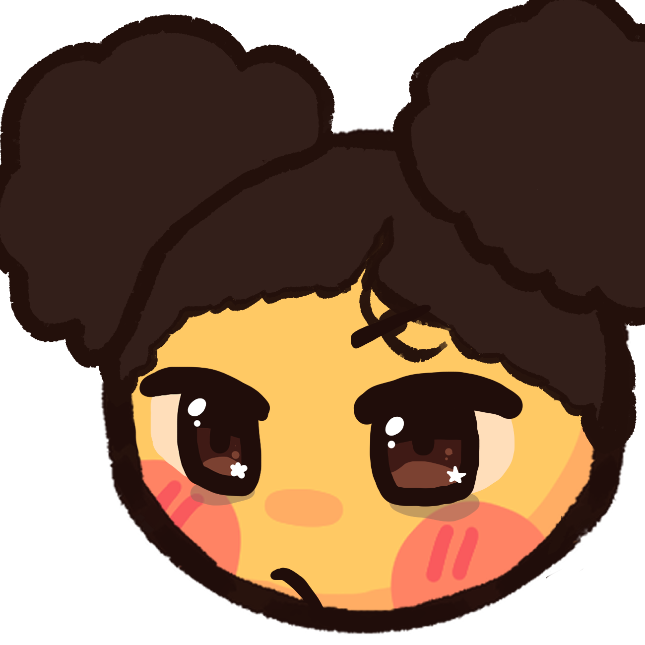 an emoji yellow person with dark afro puffs and a suspicious or displeased expression.